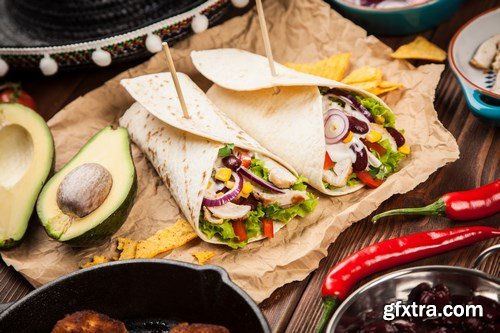 Tortilla with a mix of ingredients - Mexican food, 20xUHQ JPEG Photo Stock