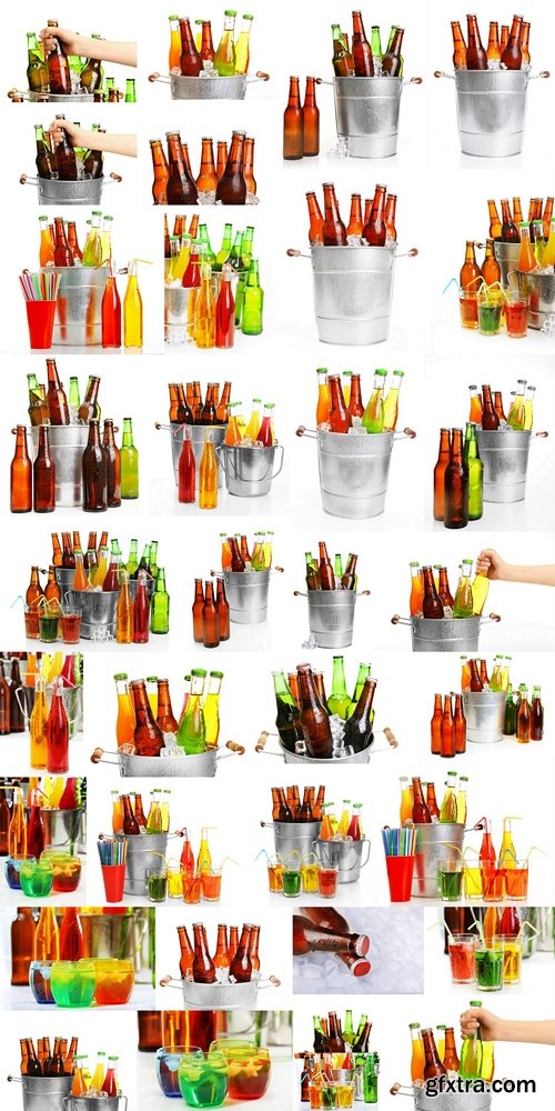 Glassware of different drinks in metal bucket with ice cubes