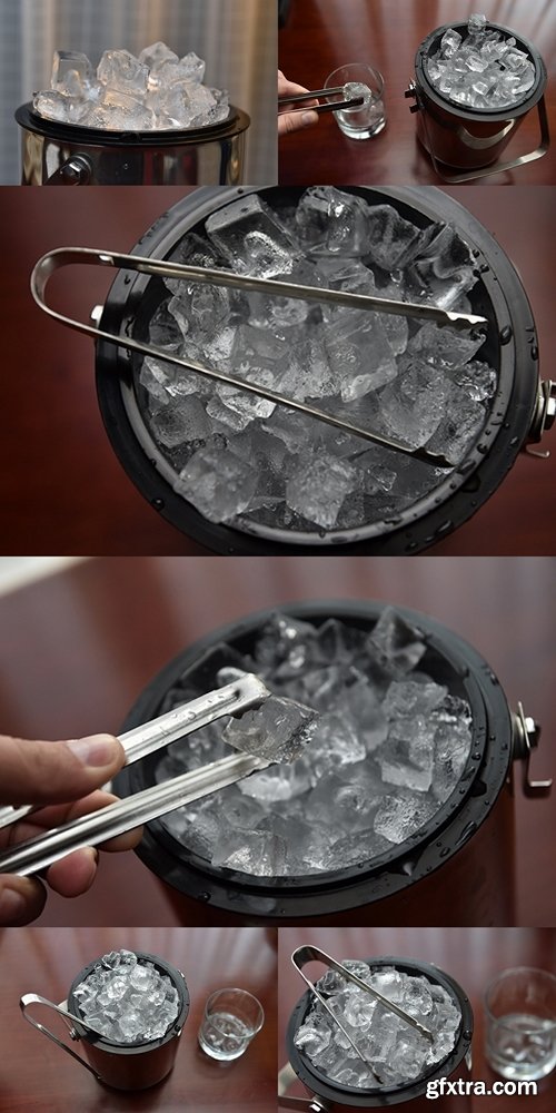 Ice cubes in the bucket and tongs next to it