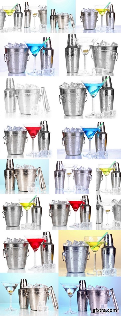 Metal ice bucket and shaker and cocktail isolated on white