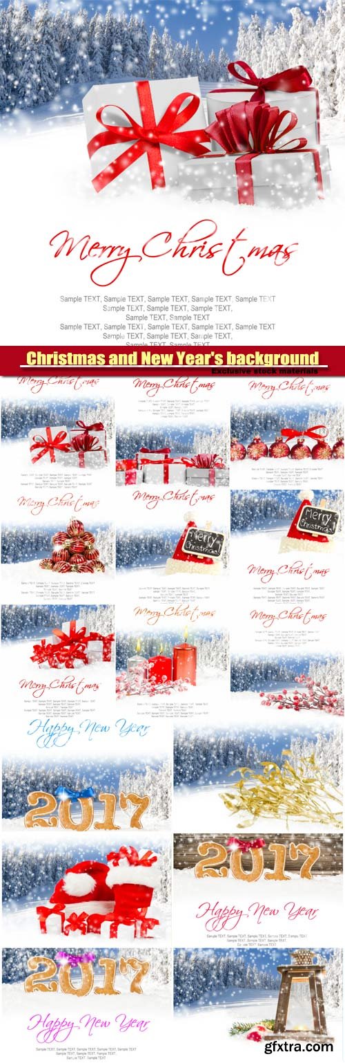 Christmas and New Year's background, gifts with colorful ribbons, falling snow