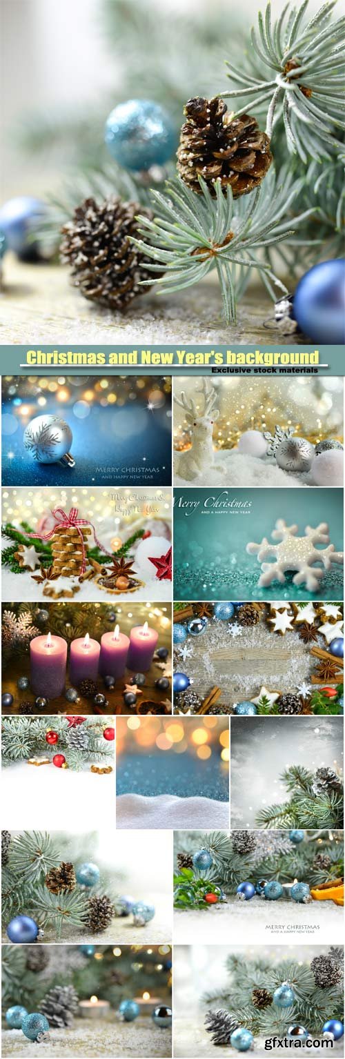 Christmas and New Year background, Christmas tree with pine cones and Christmas balls, sparkling candles