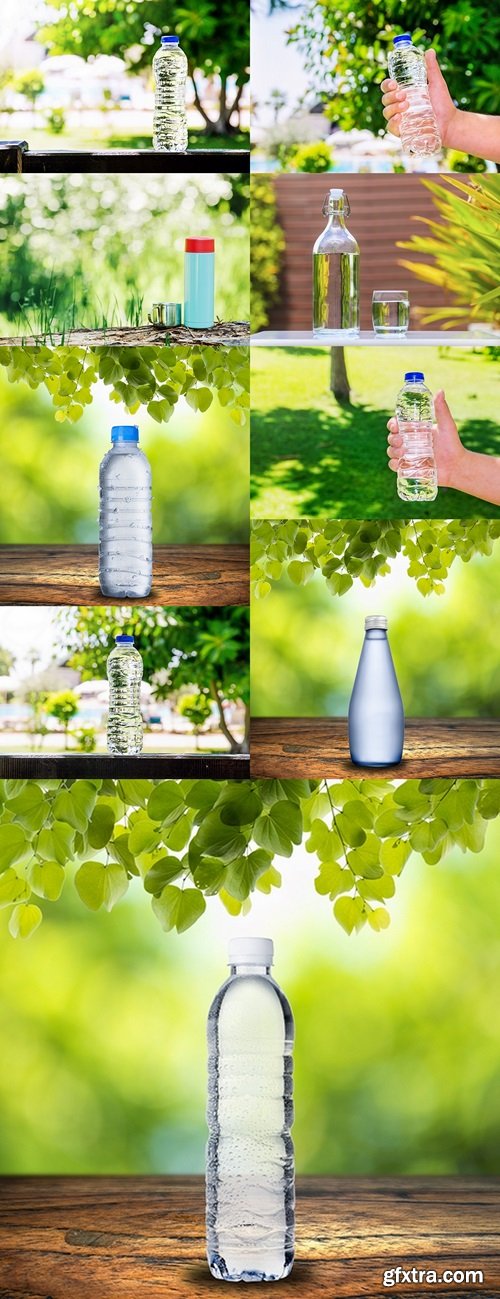 Plastic bottle with water standing on a summer, trees and pool on a background