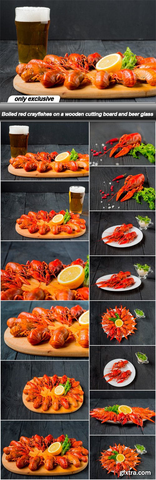 Boiled red crayfishes on a wooden cutting board and beer glass - 14 UHQ JPEG