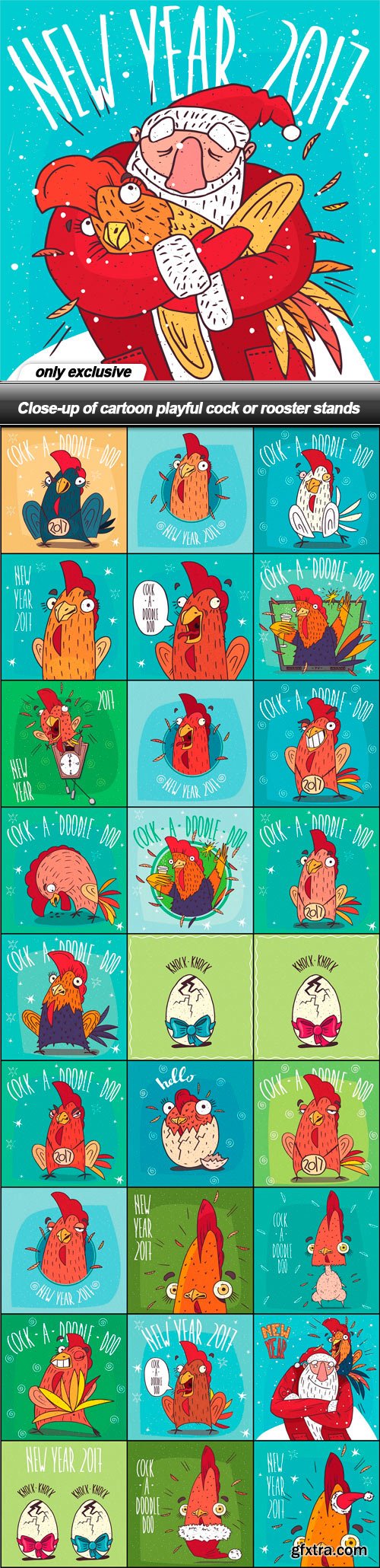 Close-up of cartoon playful cock or rooster stands - 28 EPS