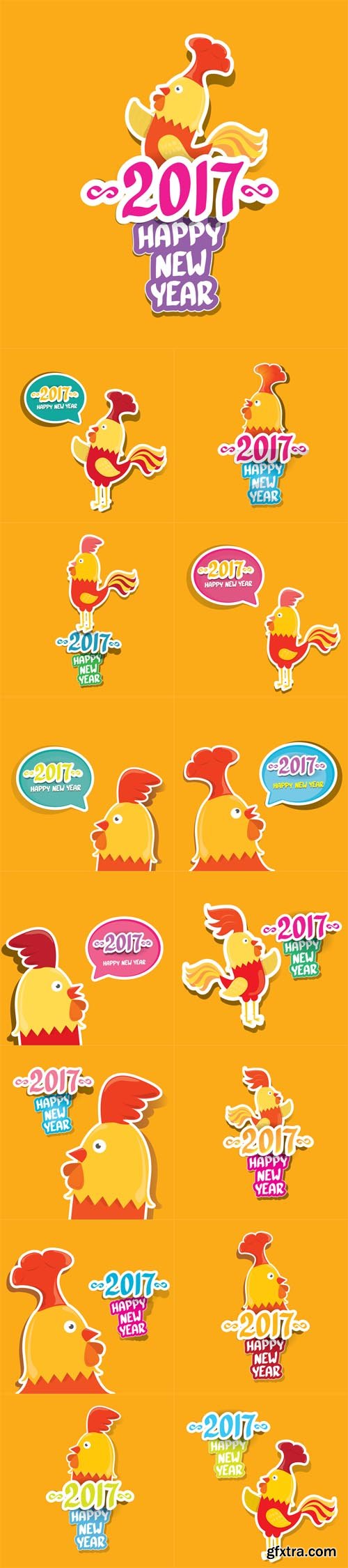 Vector Set - New Year 2017 with Cartoon Funny Rooster 2