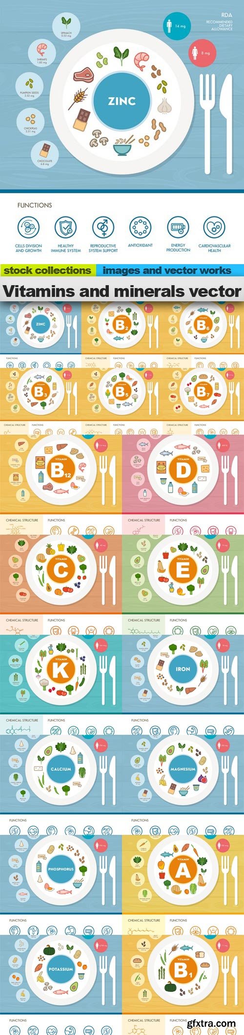 Vitamins and minerals vector, 18 x EPS