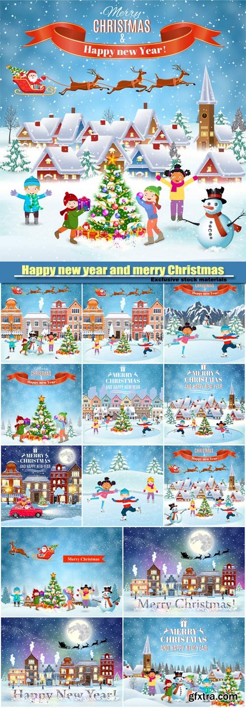 Happy new year and merry Christmas card design, winter fun kids decorating a Christmas tree, Santa Claus with deers in sky above the house