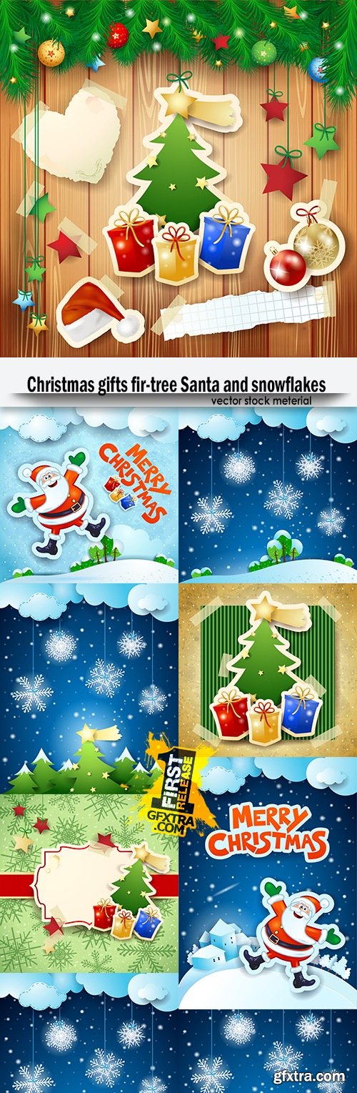 Christmas gifts fir-tree Santa and snowflakes