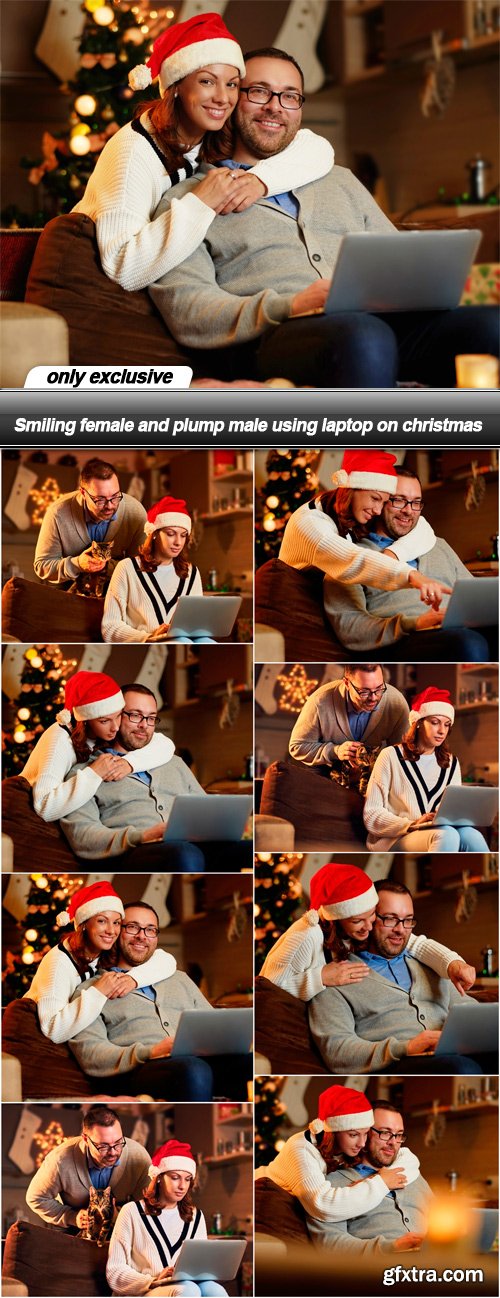 Smiling female and plump male using laptop on christmas - 8 UHQ JPEG