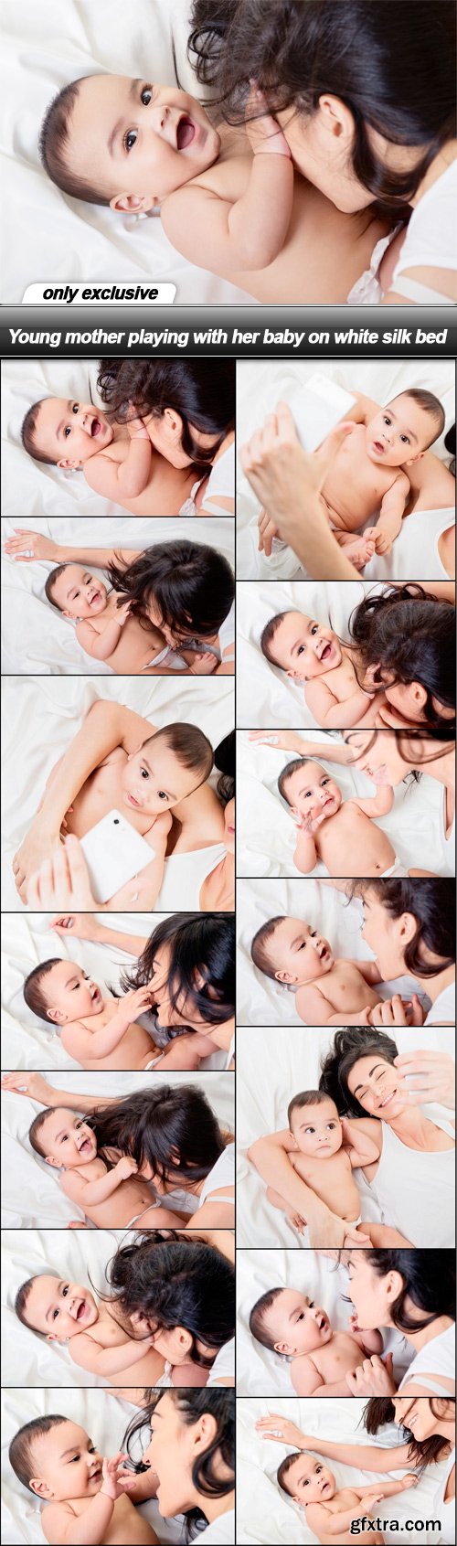 Young mother playing with her baby on white silk bed - 14 UHQ JPEG