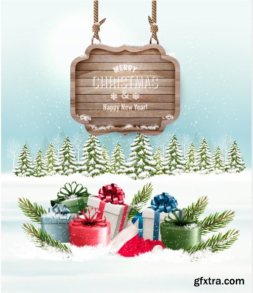 Christmas and happy New Year holiday background with presents and magic box