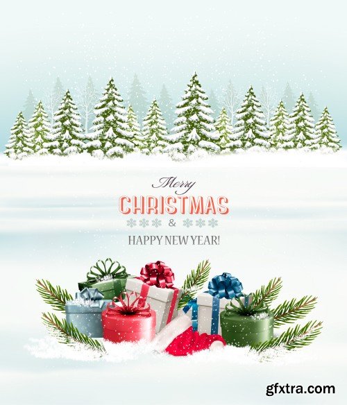 Christmas and happy New Year holiday background with presents and magic box