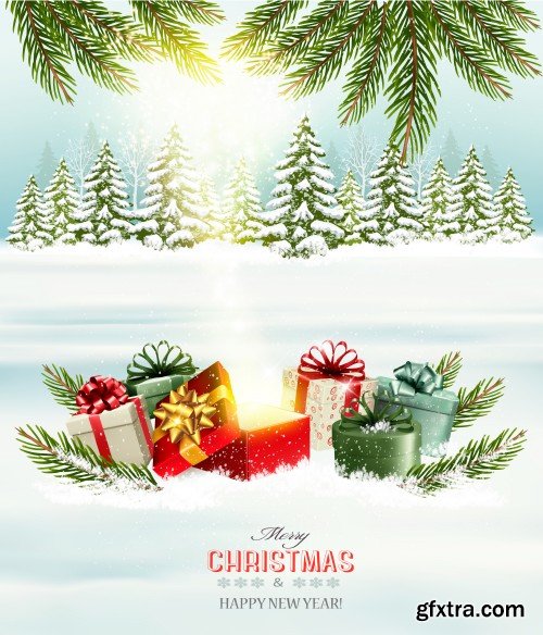 Christmas and happy New Year holiday background with presents and magic box