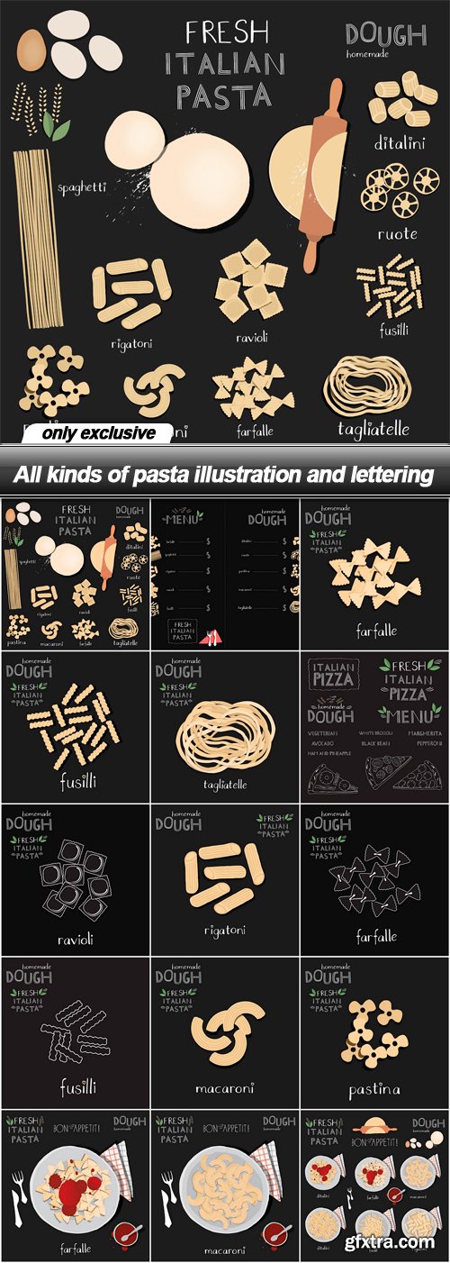 All kinds of pasta illustration and lettering - 15 EPS