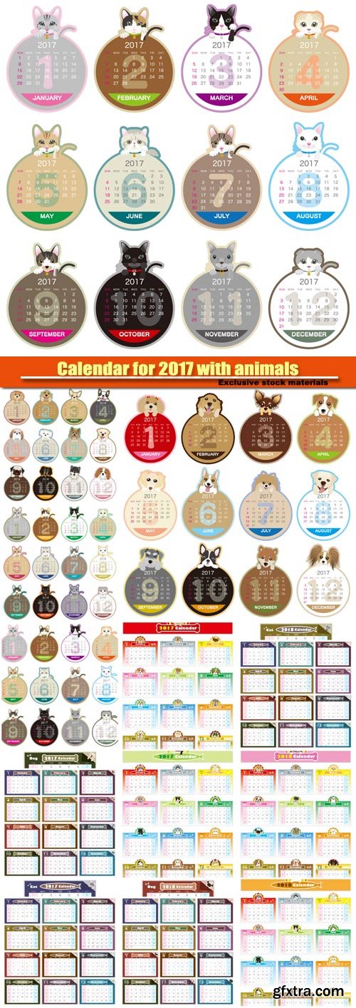 Colorful Calendar for 2017 with funny animals