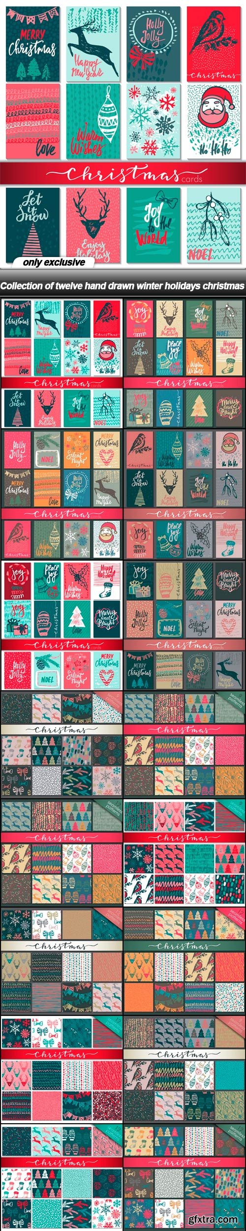 Collection of twelve hand drawn winter holidays christmas - 16 EPS