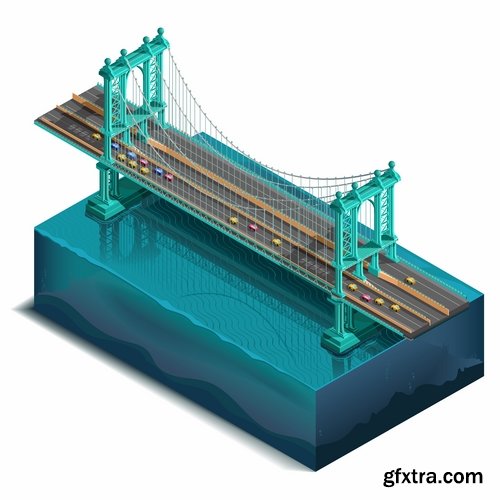 Collection of isometric model city building bridge factory ship transport 25 EPS