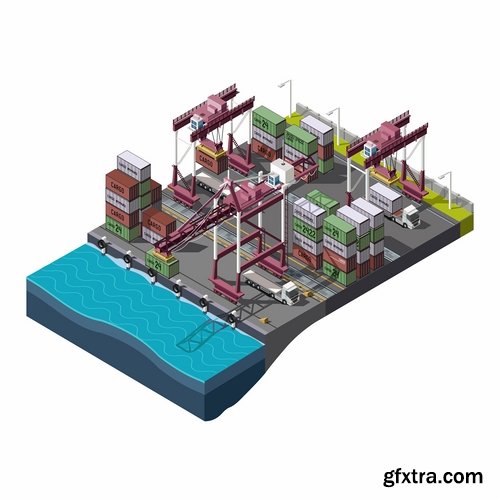 Collection of isometric model city building bridge factory ship transport 25 EPS