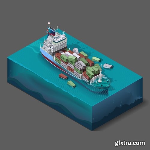 Collection of isometric model city building bridge factory ship transport 25 EPS