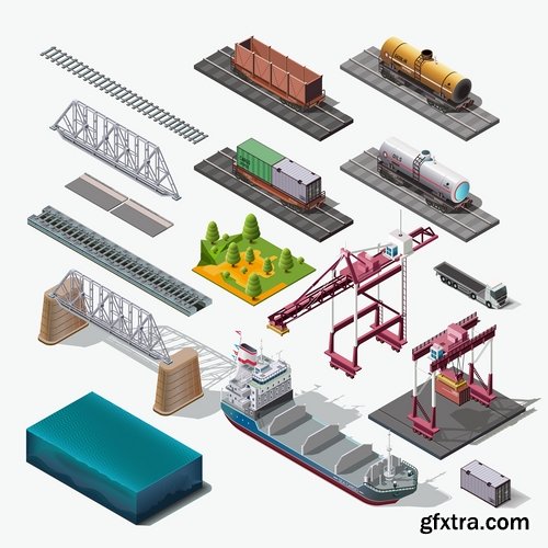 Collection of isometric model city building bridge factory ship transport 25 EPS