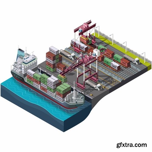 Collection of isometric model city building bridge factory ship transport 25 EPS