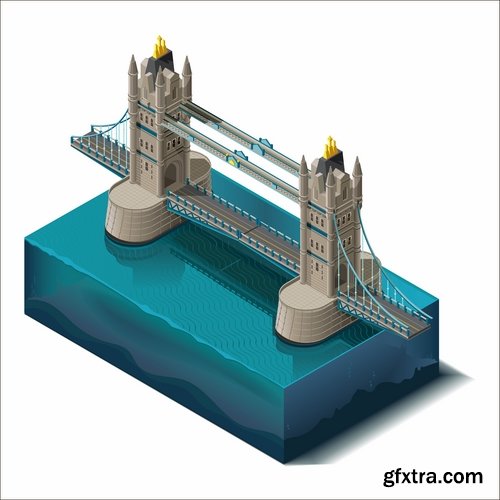 Collection of isometric model city building bridge factory ship transport 25 EPS