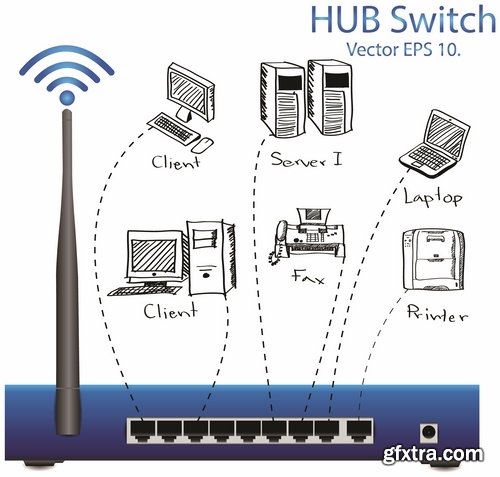 Collection of router computer office equipment accessories communication connection 25 EPS