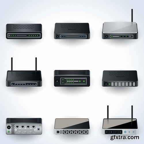 Collection of router computer office equipment accessories communication connection 25 EPS