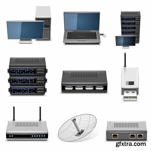 Collection of router computer office equipment accessories communication connection 25 EPS