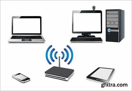 Collection of router computer office equipment accessories communication connection 25 EPS