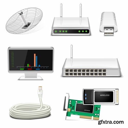 Collection of router computer office equipment accessories communication connection 25 EPS