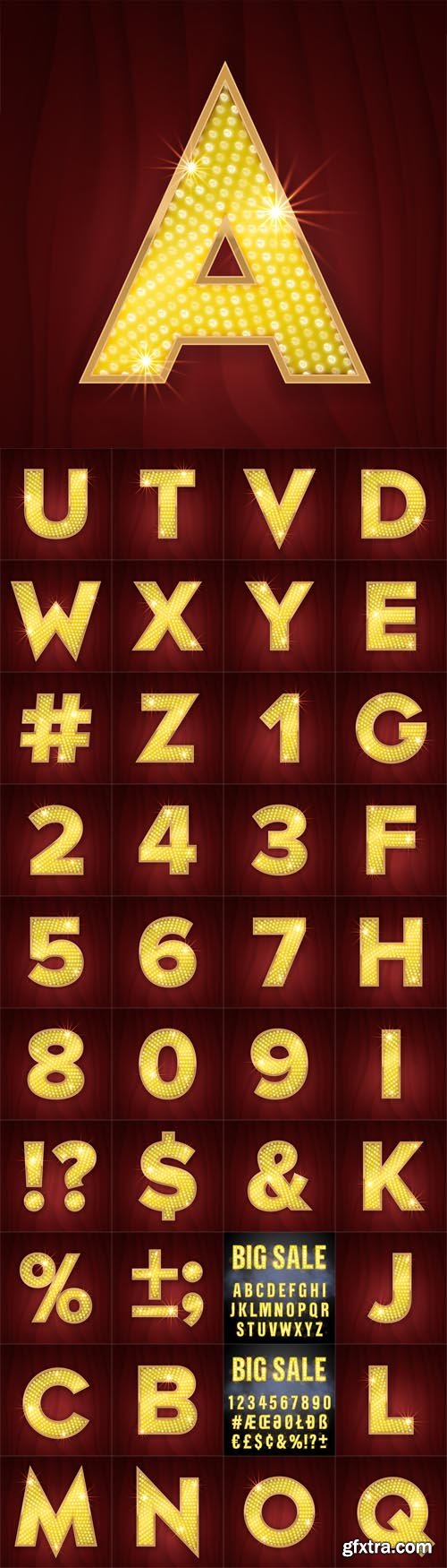 Vector Set - Gold Ligh Llamp Bulb Letters and Numbers