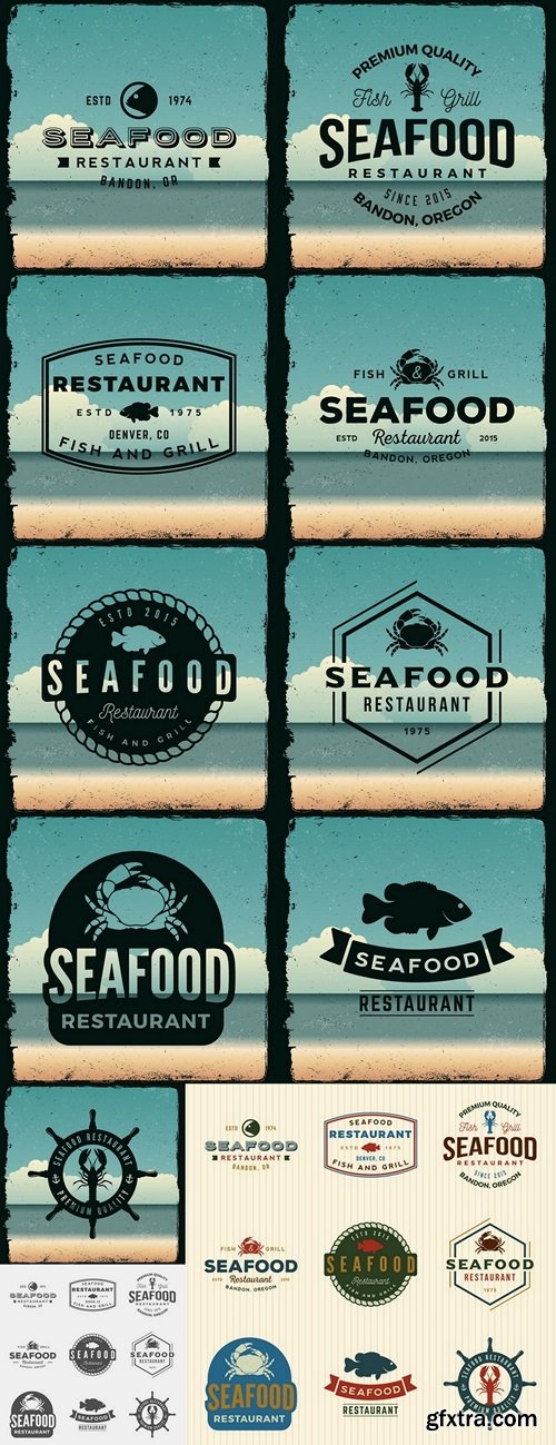 Vector set of seafood restaurant vintage logos, emblems, silhouettes