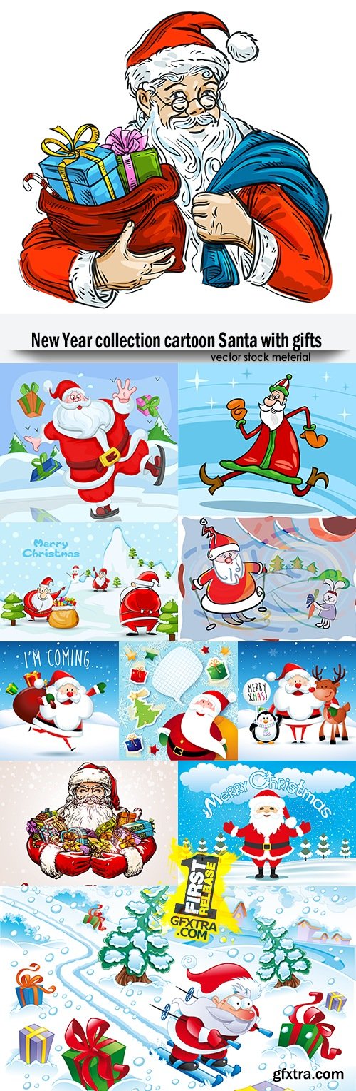 New Year collection cartoon Santa with gifts