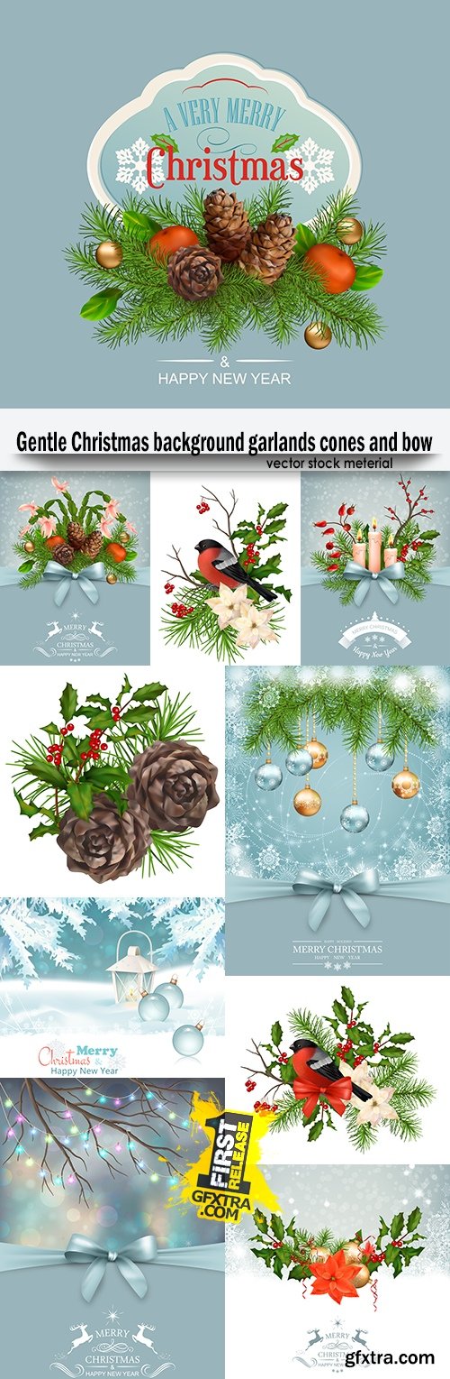 Gentle Christmas background garlands cones and bow