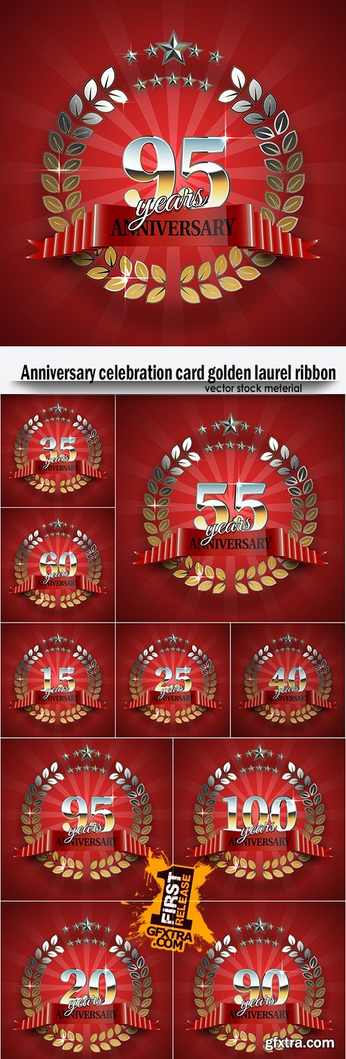 Anniversary celebration card golden laurel ribbon