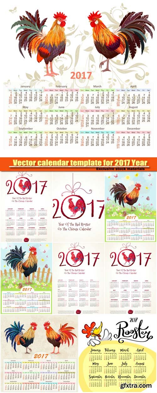 Vector calendar for 2017 with colorful rooster