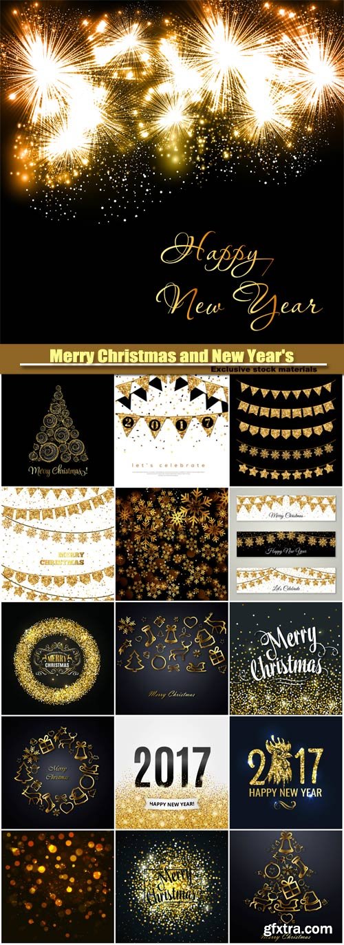 Merry Christmas and New Year's vector background, gold glitter design, snowflake on a dark background