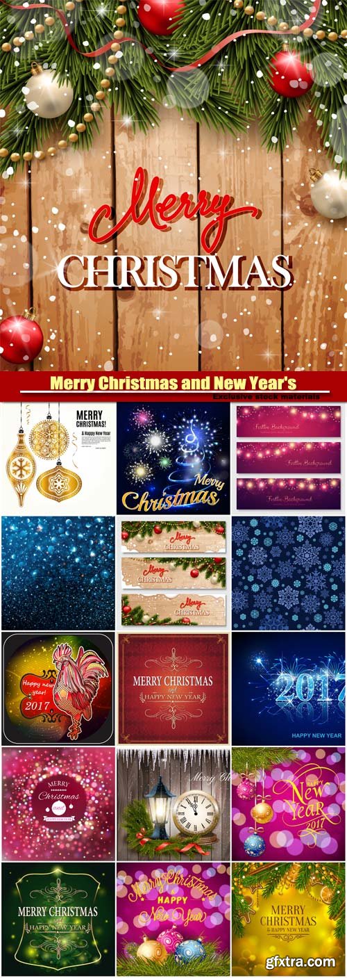 Merry Christmas and New Year's vector background, bokeh lights, rooster symbol of 2017