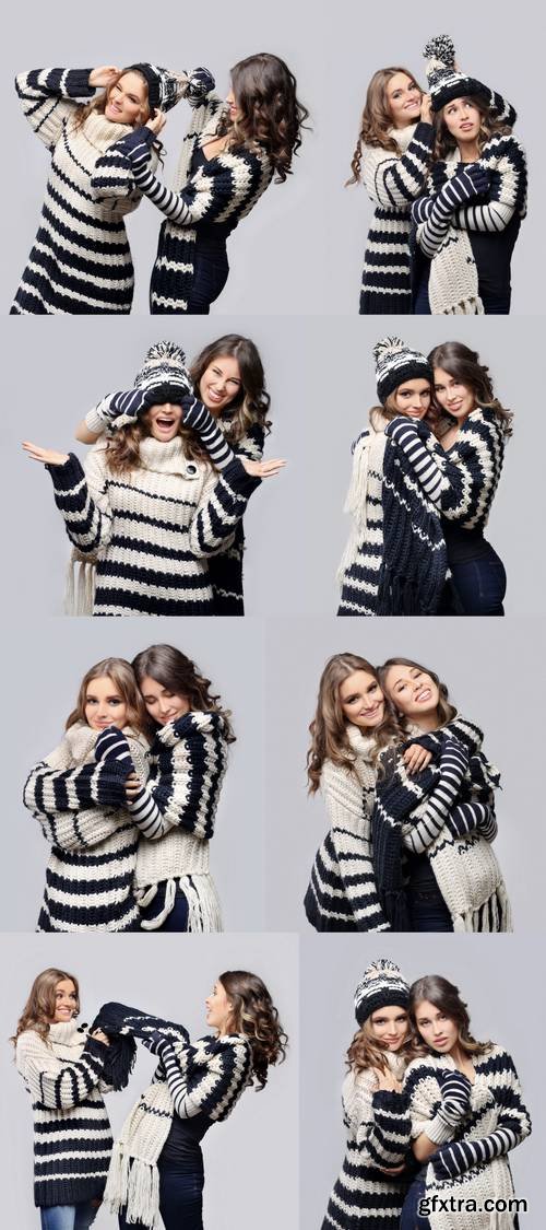 Two Girl Wearing Knit Hat, Scarf, Sweater and Gloves