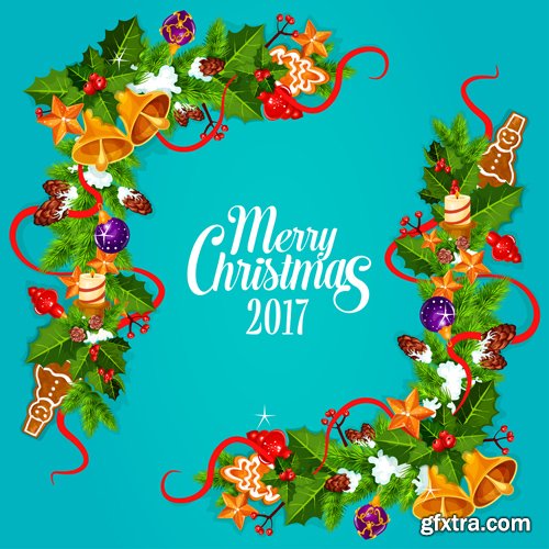 Merry Christmas and Happy New Year vector background, symbols of new year 2017, christmas snowman in hat, cock rooster