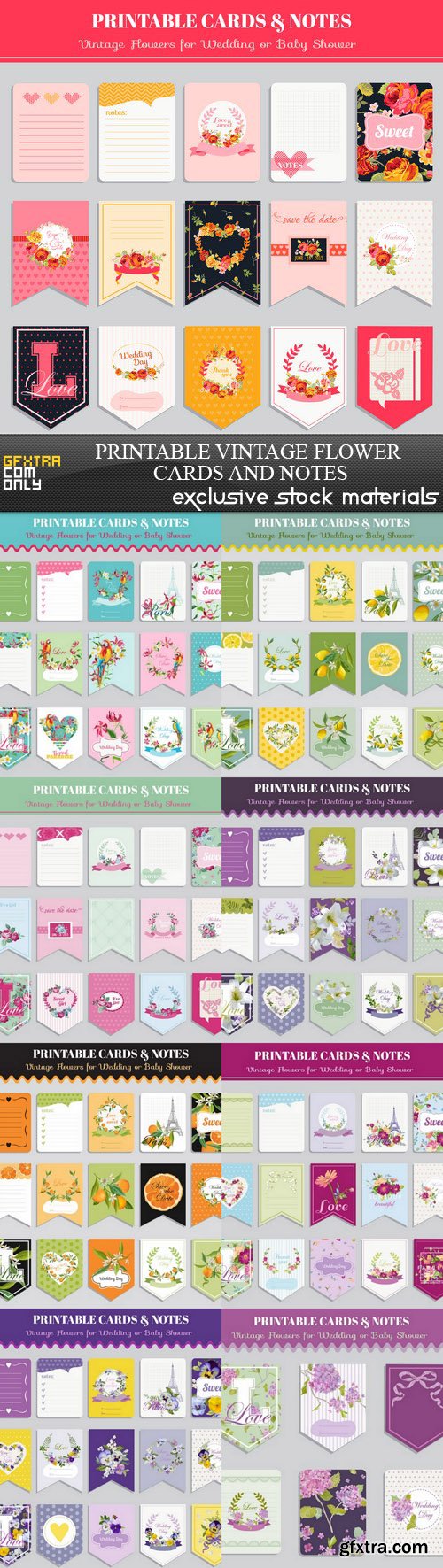 Printable Vintage Flower Cards And Notes - 9xEPS