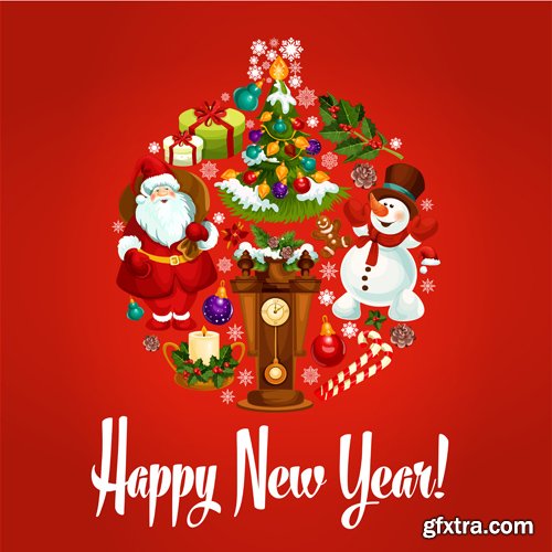 Merry Christmas and Happy New Year vector background, holly garlands, cock rooster