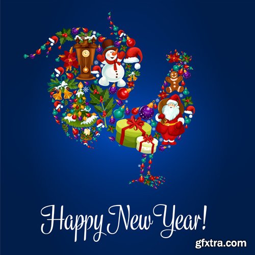 Merry Christmas and Happy New Year vector background, holly garlands, cock rooster