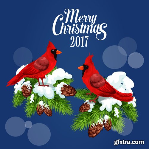 Merry Christmas and Happy New Year vector background, holly garlands, cock rooster