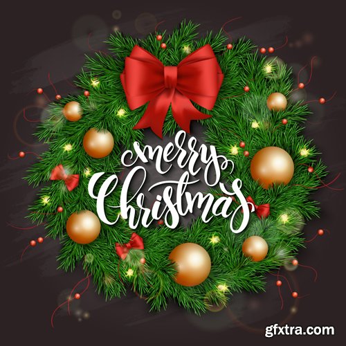 Merry Christmas and Happy New Year vector background, holly garlands, cock rooster