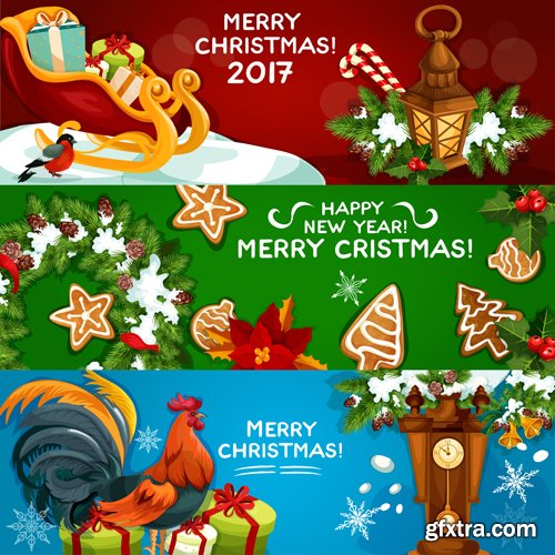 Merry Christmas and Happy New Year vector background, holly garlands, cock rooster