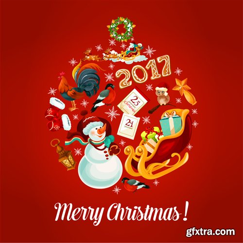 Merry Christmas and Happy New Year vector background, holly garlands, cock rooster