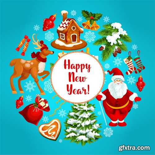 Merry Christmas and Happy New Year vector background, holly garlands, cock rooster